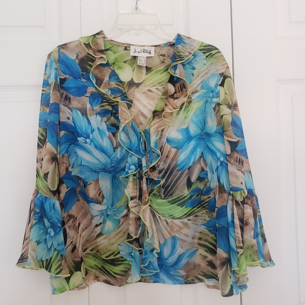 Aqua floral Joseph Ribkoff sheer blouse.